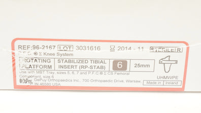 DePuy 96-2167 Rotating Platform Stabilized Tibial Insert Size 6, 25mm (x)